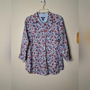 Chaps Button Front Blouse Size 2X Woman Floral No Iron Contrasting Flip Cuffs